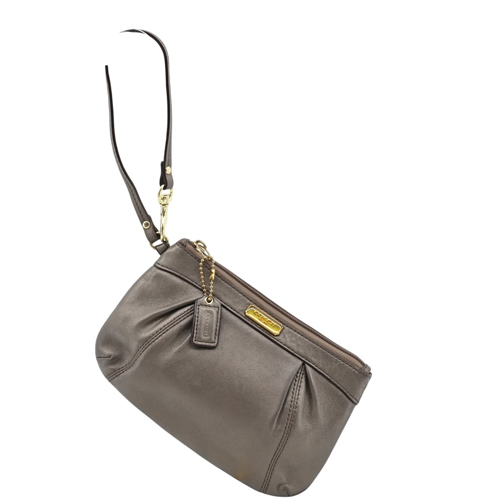 Coach Madison Metallic Taupe Leather Pleated Wristlet Bag Gold Hardware Clutch